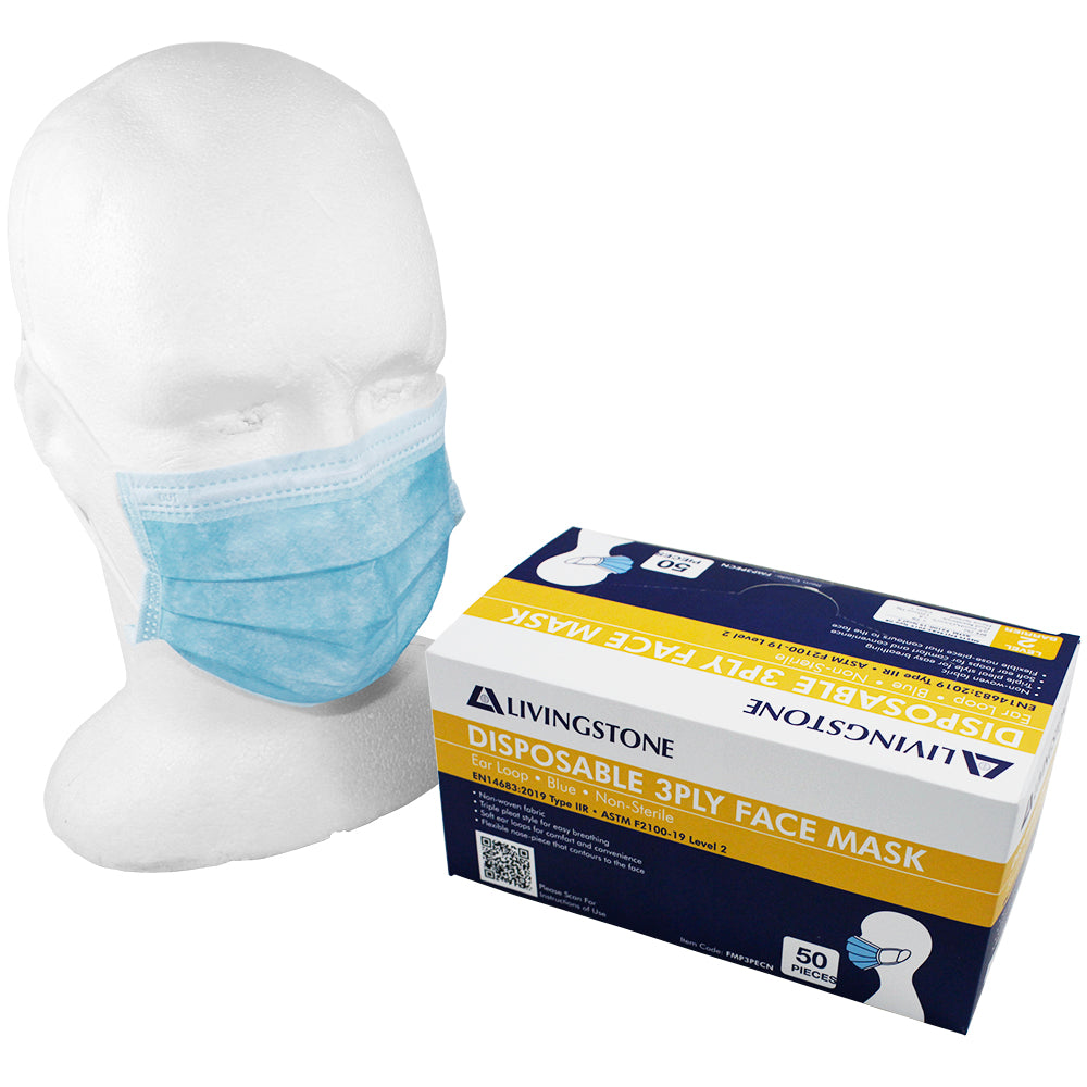 Hypoallergenic Face Masks, earloop, blue, latex free 50pk